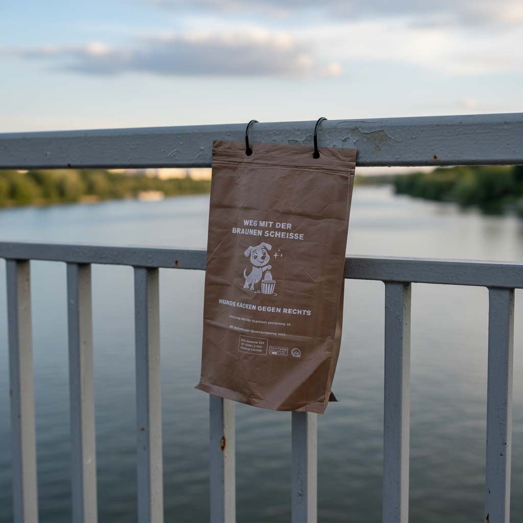 Hundekotbeutel hängt an einem Geländer einer Brücke. Im Hintergrund ist Wasser zu sehen.
