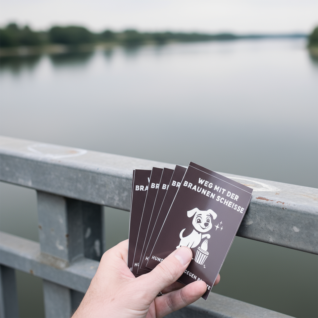 Person hält Sticker in der Hand und im Hintergrund ist Wasser zu sehen. 